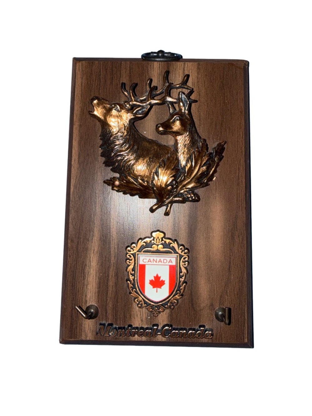 Vintage Canada Wall Plaque with Stag Relief and keys hooks Brown & Gold